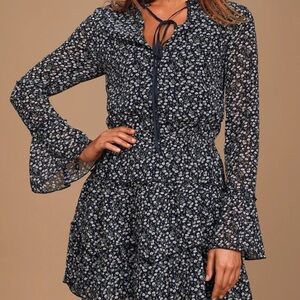 Lulus Navy Blue Floral Print Long Sleeve Ruffled Dress Size Small